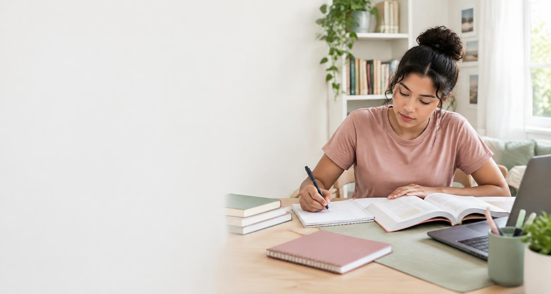 Estudante preparando-se para concursos com livros e anotações